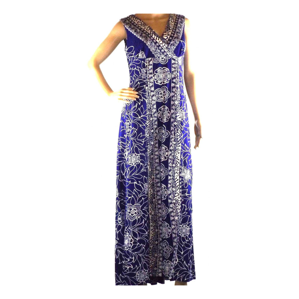 Mako M Hawaiian Vintage 1970s Floral Print Maxi Dress Polynesian Blue White Mumu - Picture 3 of 7